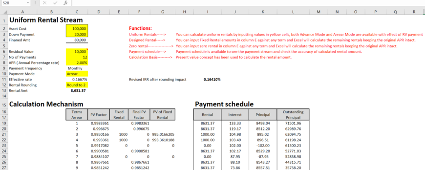 MS Excel Worksheet – to learn lease rental calculation